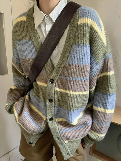 V-neck Japanese Lazy Style Retro Striped Sweater Coat Women