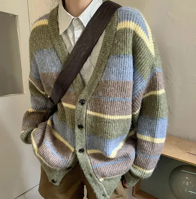 V-neck Japanese Lazy Style Retro Striped Sweater Coat Women