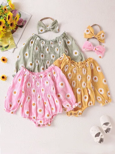Baby Girl Floral Long Sleeve With Headdress Overalls