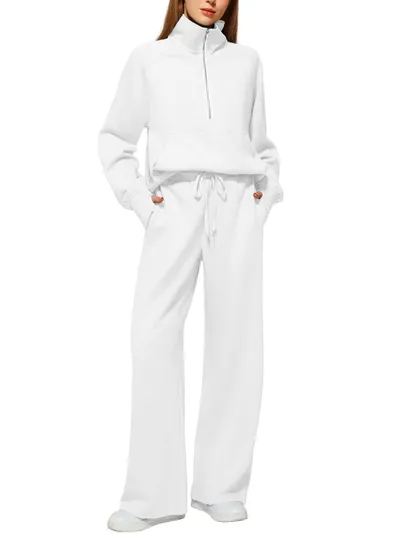 Woman Solid Color Half Zip Long Sleeve Sweatshirt And Wide Leg Pants Set Casual Sporty Two Piece Outfit Women's Suit