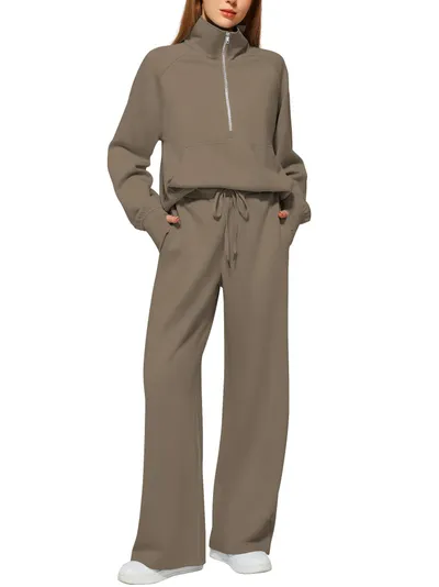 Woman Solid Color Half Zip Long Sleeve Sweatshirt And Wide Leg Pants Set Casual Sporty Two Piece Outfit Women's Suit