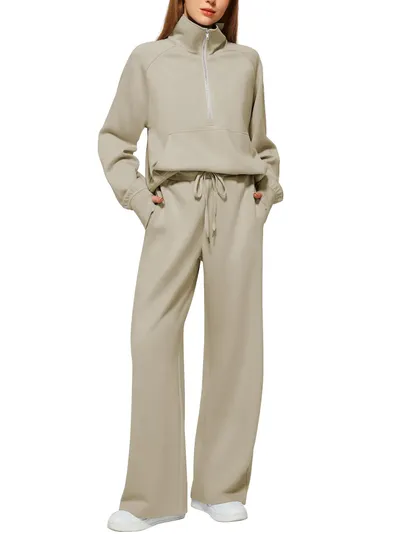 Woman Solid Color Half Zip Long Sleeve Sweatshirt And Wide Leg Pants Set Casual Sporty Two Piece Outfit Women's Suit