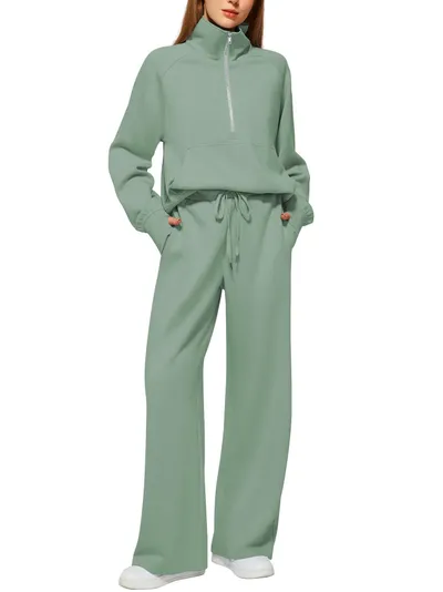 Woman Solid Color Half Zip Long Sleeve Sweatshirt And Wide Leg Pants Set Casual Sporty Two Piece Outfit Women's Suit
