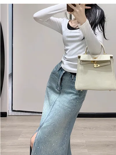 Women's Minimalist Hot Stamping Elastic Denim Skirt