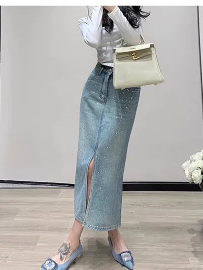 Women's Minimalist Hot Stamping Elastic Denim Skirt