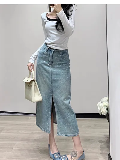 Women's Minimalist Hot Stamping Elastic Denim Skirt