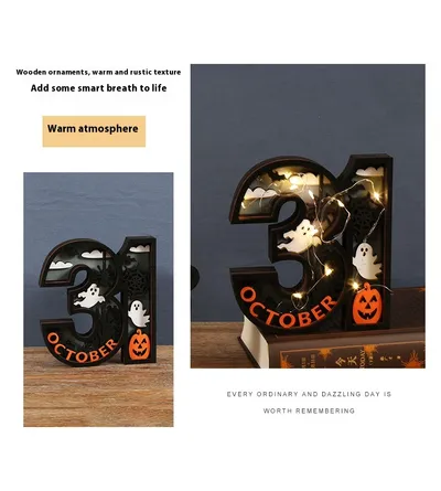 Halloween Wooden Decoration Creative Ghost With LED Light Ornaments