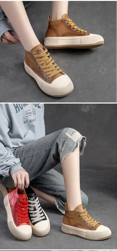 High-top Casual Sneakers First Layer Cowhide Toe Box Women's Shoes Vintage