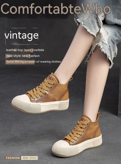 High-top Casual Sneakers First Layer Cowhide Toe Box Women's Shoes Vintage