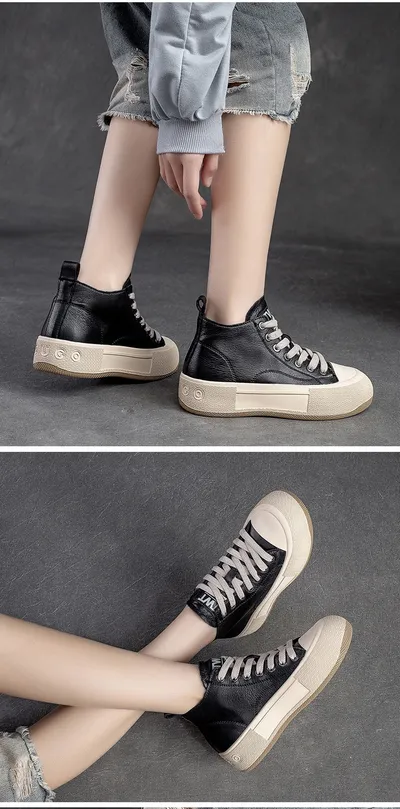 High-top Casual Sneakers First Layer Cowhide Toe Box Women's Shoes Vintage