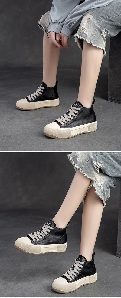 High-top Casual Sneakers First Layer Cowhide Toe Box Women's Shoes Vintage