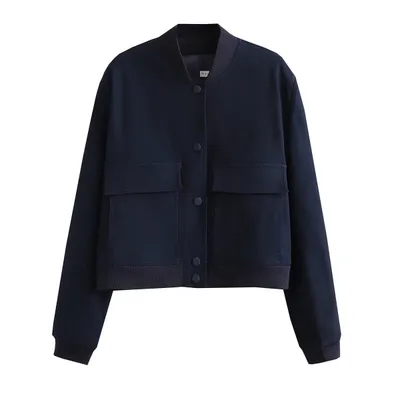 Solid Color Biker Bomber Jacket With Stand-up Collar And Double Pockets