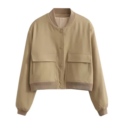 Solid Color Biker Bomber Jacket With Stand-up Collar And Double Pockets