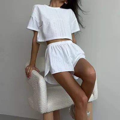 2pcs Casual Hollow Suit With Short-sleeved Crop Top And Elastic Slit Shorts Summer Fashion Sport Clothing For Women