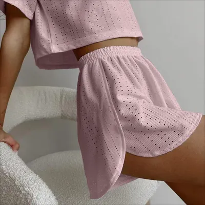 2pcs Casual Hollow Suit With Short-sleeved Crop Top And Elastic Slit Shorts Summer Fashion Sport Clothing For Women