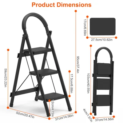 3-Step Folding Ladder, 330lbs Load Capacity, Lightweight 6.94lbs With 1.57in Folding Width,