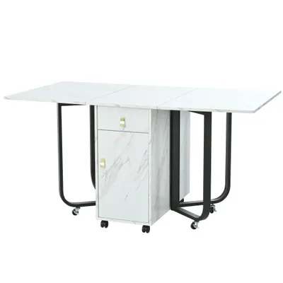 Folding Dining Table 1 Piece With Cupboard And 2 Drawers, Folding Kitchen Utility Table, Space-saving Dining Table With 4 Supporting Legs On Gliders White  Black