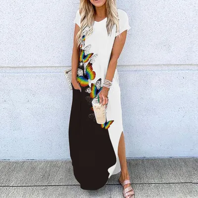 Summer Hem Slit Print Dress European And American Style
