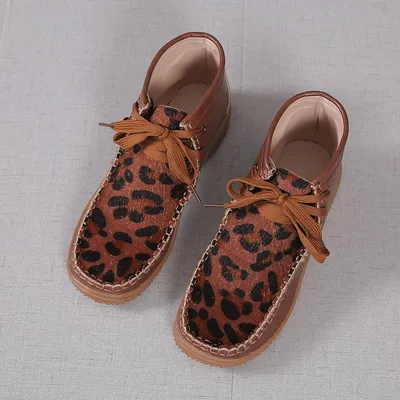 Flat round toe leopard print women's short boots