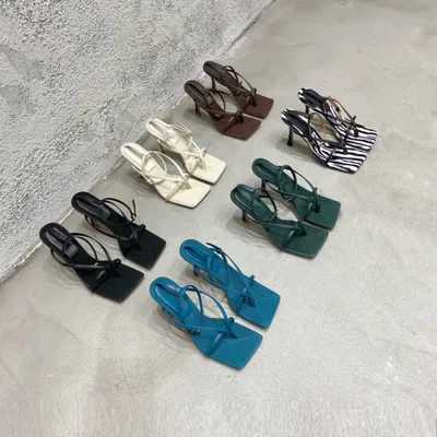 Square-toe High-heel Sandals In Woven Mesh And Leather