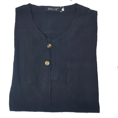 New Men's Youth Thin Two-Button V-Neck Linen Long Sleeve Shirt