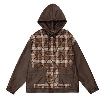 Fake Two-piece PU Leather Stitching Contrast Color Coat