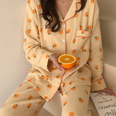 Orange Print Cute Women's Homewear Pajamas Set