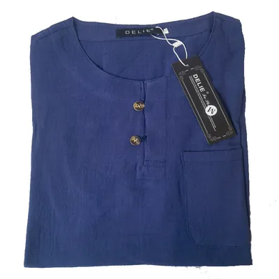 New Men's Youth Thin Two-Button V-Neck Linen Long Sleeve Shirt