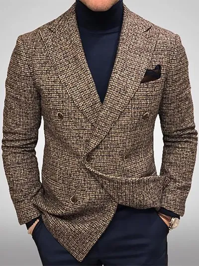 Men's Blazers Slim Fit Plaid Suits Jackets Male Long Sleeve Double-breasted Outerwear Business Casual Coats