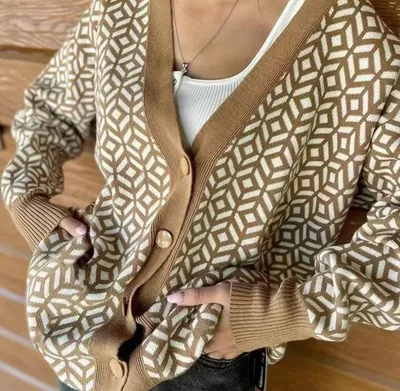 Fashion V-Neck Cardigan Long Sleeve Women's Knit Jacquard Sweater