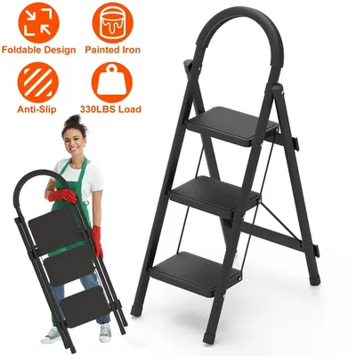 3-Step Folding Ladder, 330lbs Load Capacity, Lightweight 6.94lbs With 1.57in Folding Width,