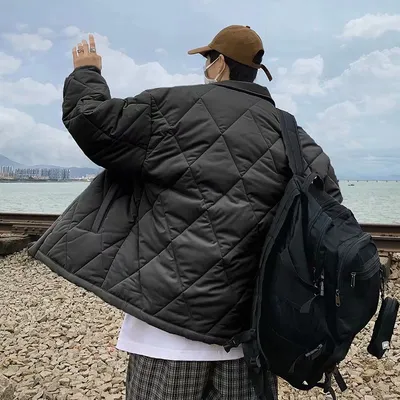 Check Jacket Lapel Collar Casual Cotton Jacket Warm