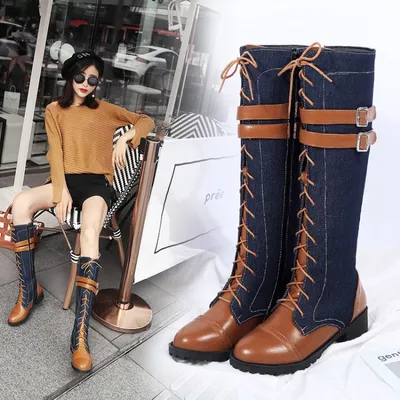 But the knee thick heel low heel denim high boots women