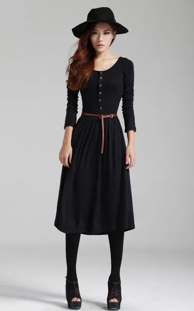 Long-sleeve Button Retro Art Style Knitted  Dress