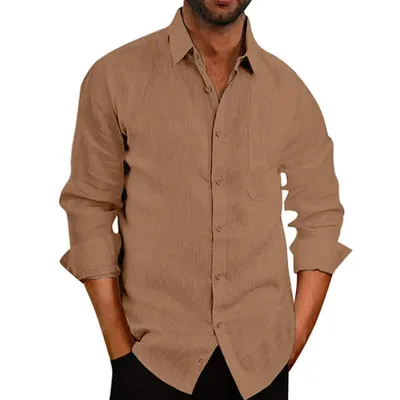 Fall Lapel Solid Color Long-sleeved Button Cotton And Linen Men's Shirt