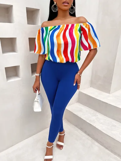 Casual Loose Off-shoulder Short Sleeve Matching Women's Suit