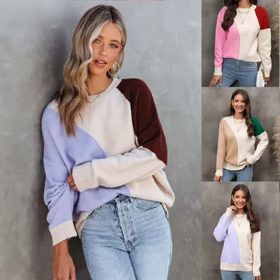 Sweater Pullover Personality Stitching Color Matching Large Size Slim Bottoming Sweater