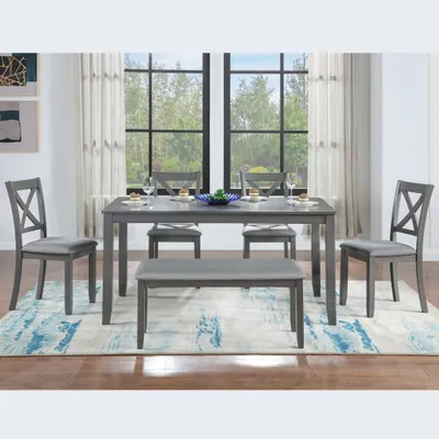 6 Piece Kitchen Dining Set, Rectangular Wooden Dining Table With 4 Upholstered Chairs And A Bench, Dining Table Set For 6 People, Living Room, Home Bar And Kitchen, Gray