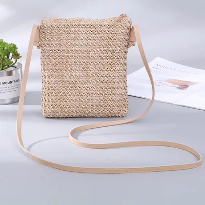 Mobile Phone Diagonal Bag Solid Color Straw Woven Female Bag