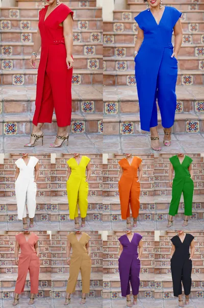 Solid Color Shoulder Length Sleeveless V Neck Jumpsuit