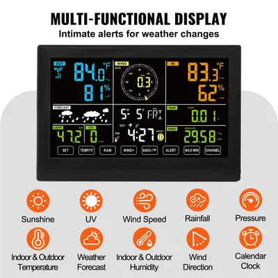 VEVOR 7-in-1 Wireless Weather Station, 7.5 In Large Color Display, Digital Home Weather Station Indoor Outdoor, For Temperature Humidity Wind Speed,Direction Rain UV, With Forecast Data, Alarm, Alerts