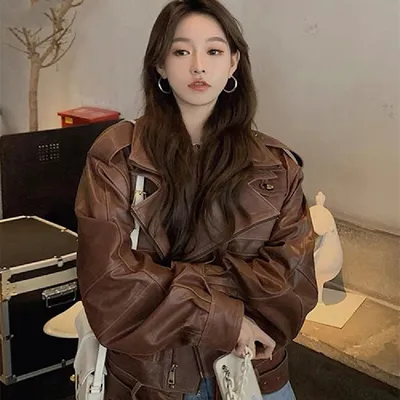 Fashionable Short Motorcycle Leather Coat Women