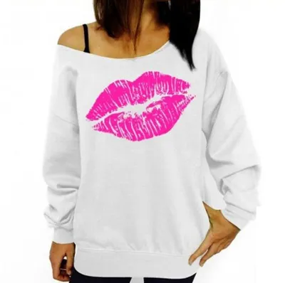 Long-sleeved autumn sweater red lips big lips pattern slanting shoulders