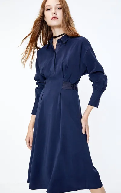 New commuter waist waist slimming mid-length shirt dress