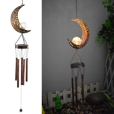 Wrought iron hollow sun moon wind chime pendant LED outdoor garden landscape decoration