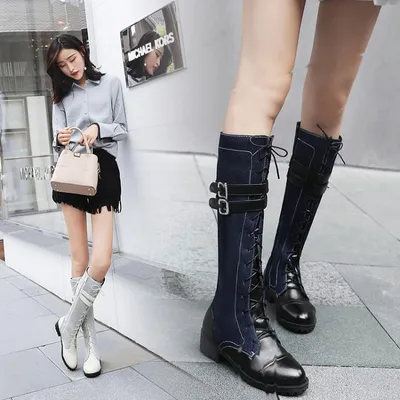 But the knee thick heel low heel denim high boots women