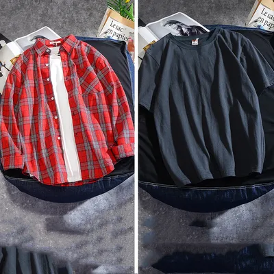 Spring And Autumn Ins Plaid Shirt Men's Long Sleeve