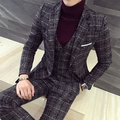 Slim British casual fashion check men's suit set of three pieces