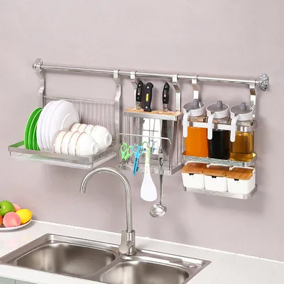 Stainless Steel Kitchen Organizer Multifunction Dish Drying Rack Wall Hanging Storage Holder Tableware Shelf Drainer 8 Types