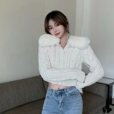Detachable fur collar cardigan sweater women